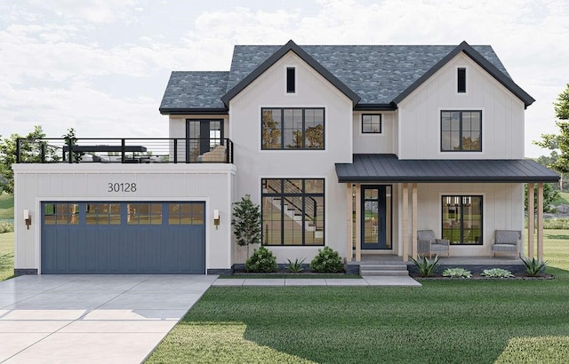 modern farmhouse with a garage and a front yard