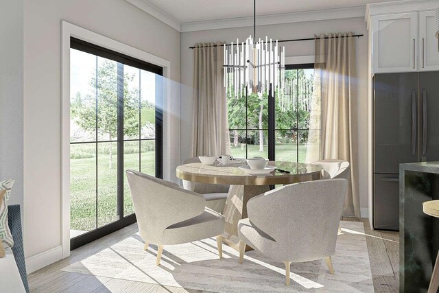 dining room featuring a notable chandelier, crown molding, and plenty of natural light