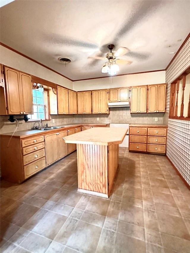 kitchen with crown molding, ceiling fan, a center island, and sink