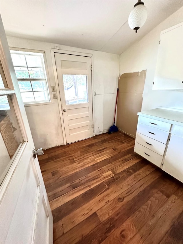 entryway with dark wood-type flooring and lofted ceiling