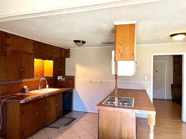 kitchen featuring dishwasher, a textured ceiling, white electric stovetop, and sink