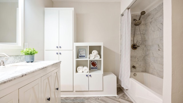 bathroom featuring vanity, shower / bathtub combination with curtain, and wood-type flooring