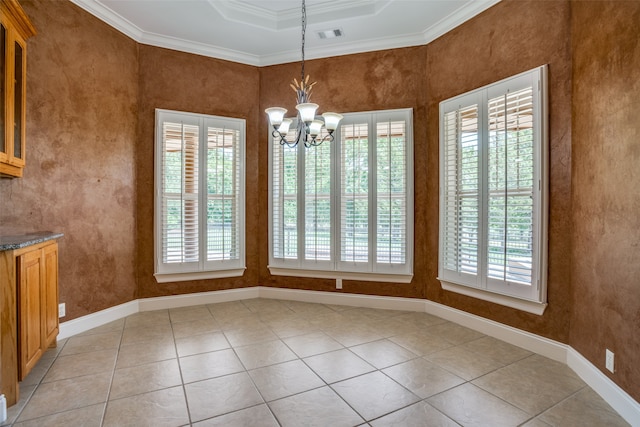 unfurnished dining area featuring a chandelier, a raised ceiling, ornamental molding, and light tile patterned floors