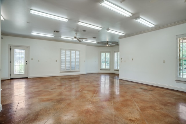 unfurnished room featuring tile patterned floors, ornamental molding, and ceiling fan