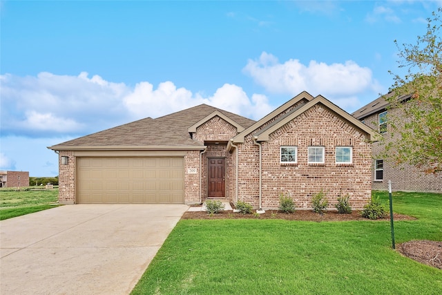 view of front facade with a front yard and a garage