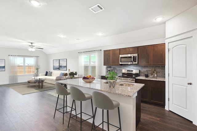 kitchen featuring appliances with stainless steel finishes, a wealth of natural light, an island with sink, and dark hardwood / wood-style floors