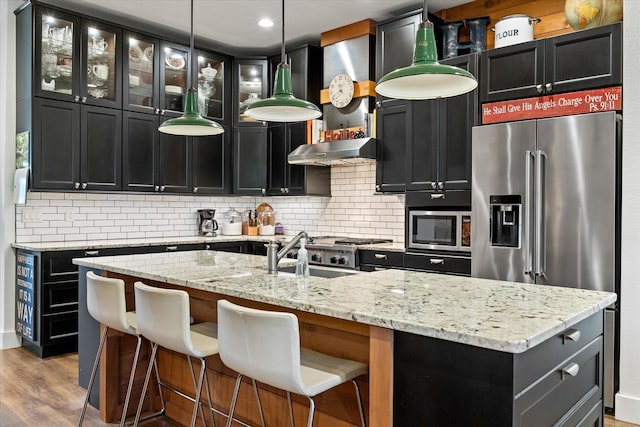 kitchen with tasteful backsplash, an island with sink, decorative light fixtures, and appliances with stainless steel finishes