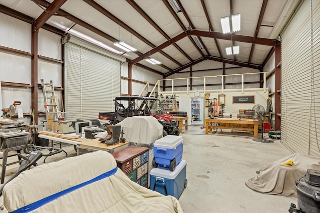 garage with a workshop area