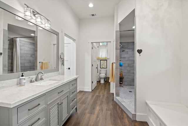 bathroom with a shower with shower curtain, wood-type flooring, vanity, and toilet