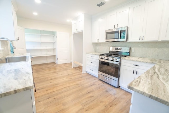 kitchen featuring tasteful backsplash, light stone counters, stainless steel appliances, sink, and white cabinetry