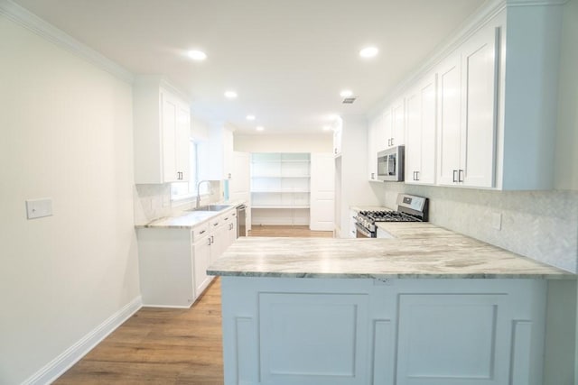 kitchen featuring backsplash, sink, white cabinetry, kitchen peninsula, and stainless steel appliances