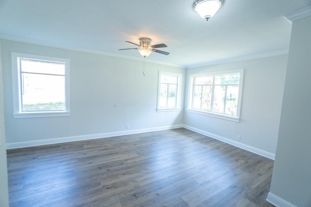 empty room featuring dark hardwood / wood-style flooring, ceiling fan, and ornamental molding