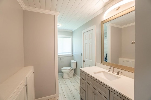 bathroom featuring wooden ceiling, vanity, ornamental molding, and toilet