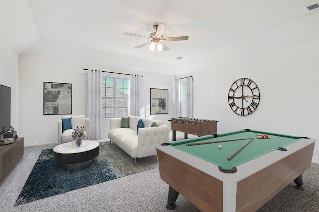 rec room featuring ceiling fan, billiards, lofted ceiling, and carpet flooring