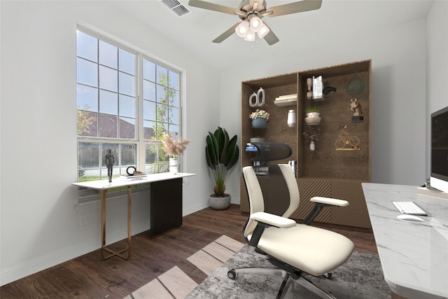 office featuring dark wood-type flooring and ceiling fan