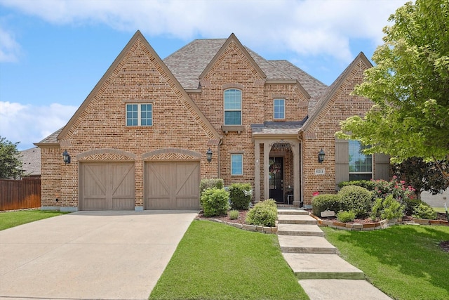 tudor home with a front yard and a garage