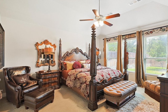 bedroom featuring ceiling fan and carpet