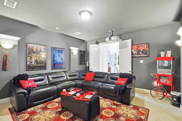 carpeted living room with a textured ceiling