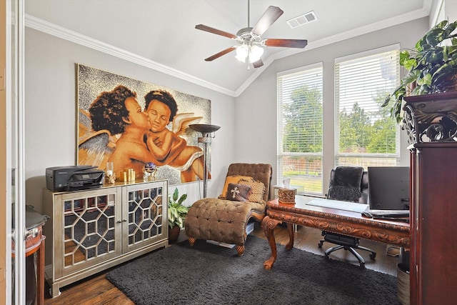 home office featuring wood-type flooring, crown molding, lofted ceiling, and ceiling fan