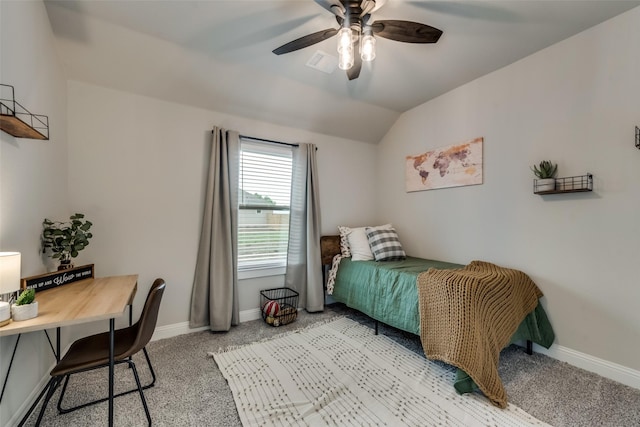 bedroom with light carpet, ceiling fan, and lofted ceiling