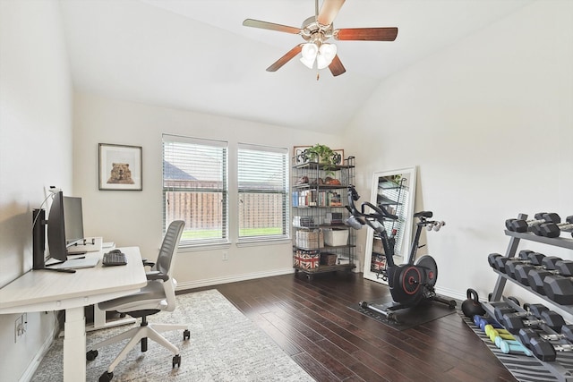 office with ceiling fan, dark hardwood / wood-style floors, and vaulted ceiling