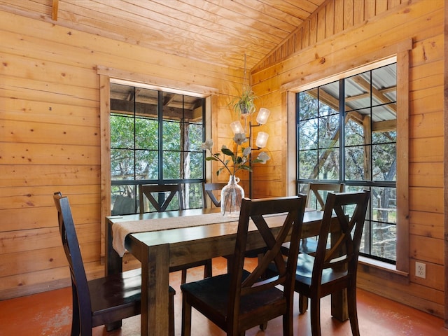 dining space with vaulted ceiling, wooden ceiling, and wood walls