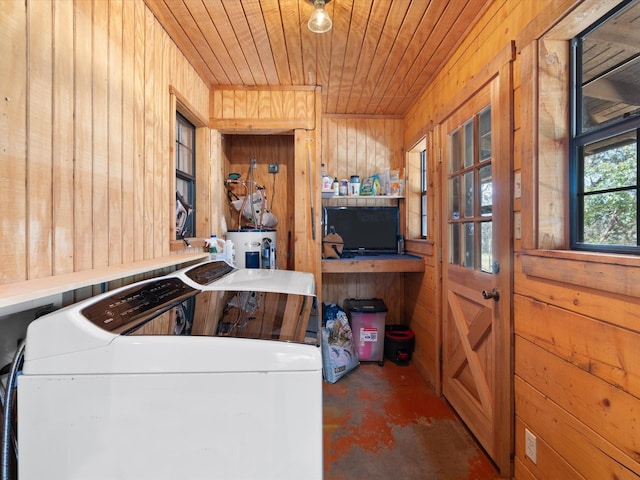 laundry area with washing machine and dryer, water heater, wooden ceiling, and wood walls