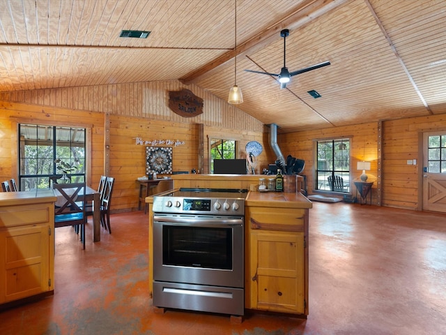 kitchen with ceiling fan, vaulted ceiling, wooden walls, stainless steel range with electric cooktop, and wood ceiling