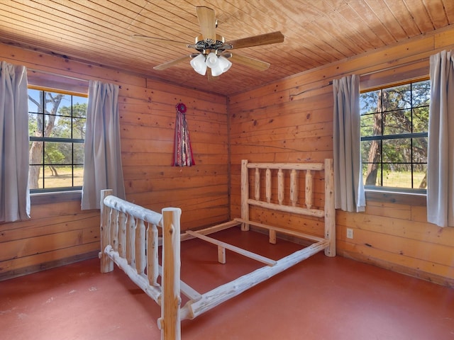 unfurnished bedroom featuring ceiling fan, wood walls, and wood ceiling