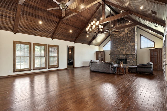 unfurnished living room with high vaulted ceiling, a stone fireplace, dark hardwood / wood-style floors, and wooden ceiling