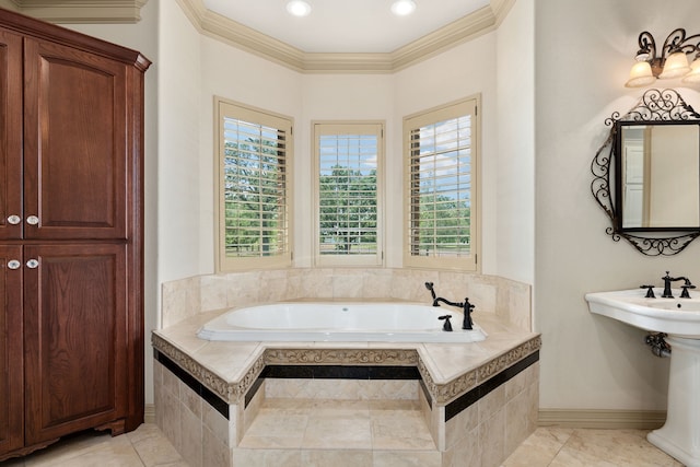 bathroom with tiled bath, a wealth of natural light, and crown molding