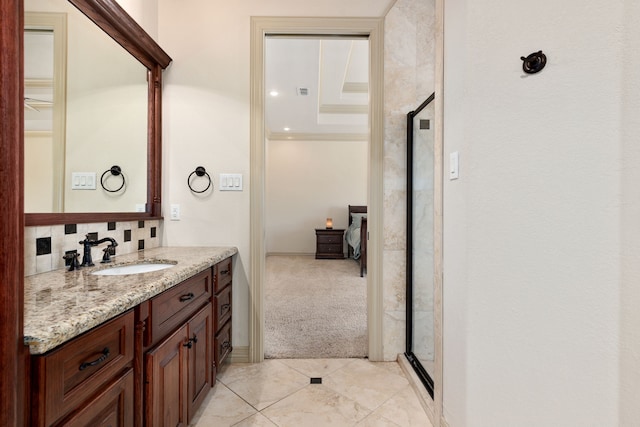 bathroom with tile patterned flooring, vanity, and an enclosed shower