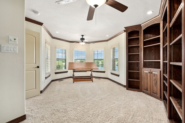 office space with light colored carpet, ornamental molding, and a textured ceiling