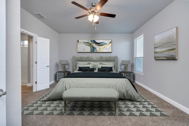 carpeted bedroom featuring ceiling fan