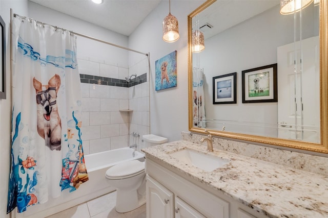 full bathroom featuring shower / tub combo, vanity, tile patterned flooring, and toilet