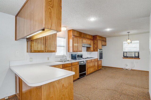 kitchen featuring sink, appliances with stainless steel finishes, a textured ceiling, decorative light fixtures, and light colored carpet