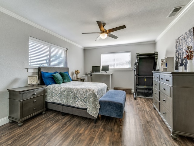 bedroom with crown molding, dark wood-type flooring, ceiling fan, and multiple windows