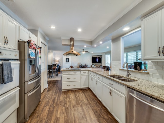 kitchen with tasteful backsplash, dark hardwood / wood-style flooring, appliances with stainless steel finishes, and sink