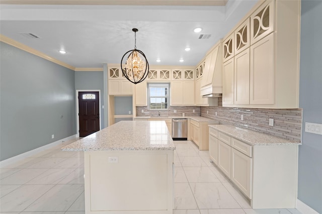 kitchen with premium range hood, stainless steel dishwasher, decorative light fixtures, a chandelier, and a center island