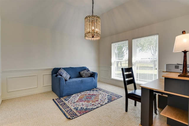 carpeted office space featuring a notable chandelier