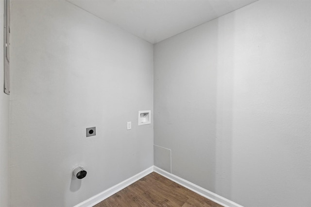 clothes washing area featuring electric dryer hookup, hookup for a washing machine, and wood-type flooring