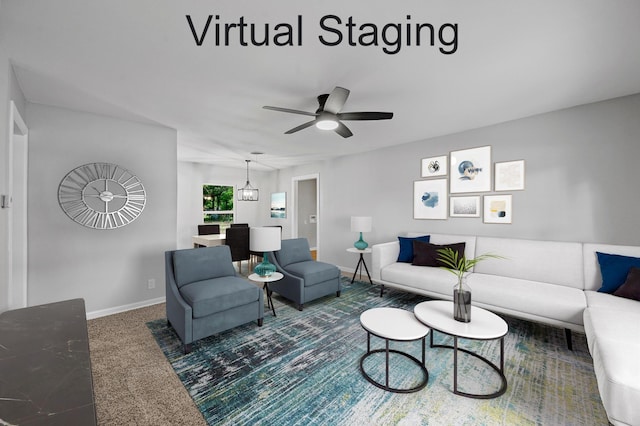 carpeted living room featuring ceiling fan with notable chandelier