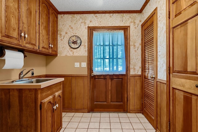 interior space with sink, a textured ceiling, ornamental molding, and wooden walls