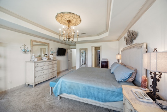 carpeted bedroom with ornamental molding, a raised ceiling, and a chandelier