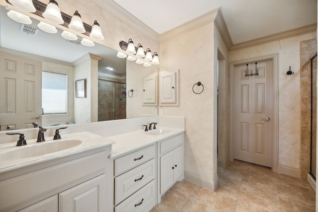 bathroom with a shower with door, crown molding, tile patterned flooring, and vanity