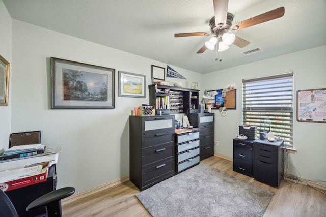 office area featuring light hardwood / wood-style flooring and ceiling fan