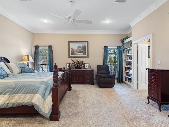 bedroom featuring ceiling fan, light colored carpet, crown molding, and multiple windows