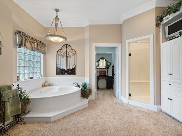 bathroom featuring crown molding and shower with separate bathtub