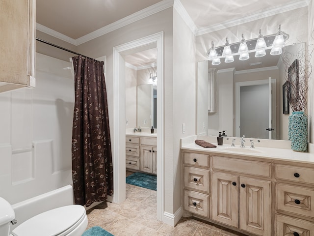 full bathroom with vanity, toilet, ornamental molding, shower / bathtub combination with curtain, and tile patterned flooring