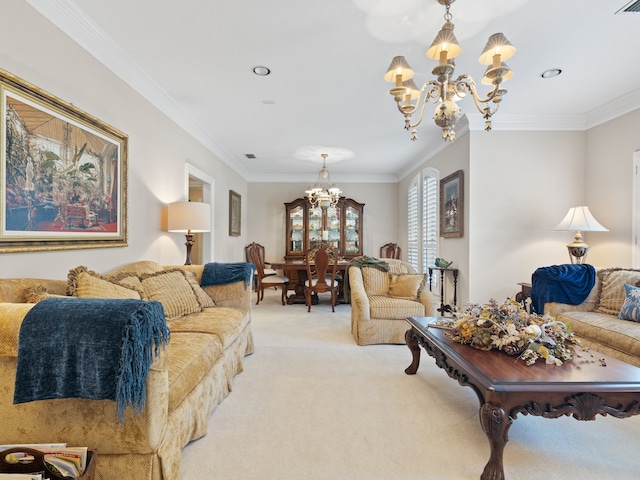 living room featuring crown molding, a chandelier, and light colored carpet